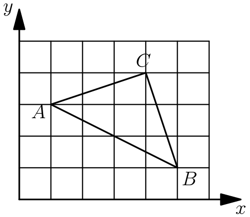 [asy] draw((1,0)--(1,5),linewidth(.5)); draw((2,0)--(2,5),linewidth(.5)); draw((3,0)--(3,5),linewidth(.5)); draw((4,0)--(4,5),linewidth(.5)); draw((5,0)--(5,5),linewidth(.5)); draw((6,0)--(6,5),linewidth(.5)); draw((0,1)--(6,1),linewidth(.5)); draw((0,2)--(6,2),linewidth(.5)); draw((0,3)--(6,3),linewidth(.5)); draw((0,4)--(6,4),linewidth(.5)); draw((0,5)--(6,5),linewidth(.5)); draw((0,0)--(0,6),EndArrow); draw((0,0)--(7,0),EndArrow); draw((1,3)--(4,4)--(5,1)--cycle); label("$y$",(0,6),W); label("$x$",(7,0),S); label("$A$",(1,3),dir(210)); label("$B$",(5,1),SE); label("$C$",(4,4),dir(100)); [/asy]