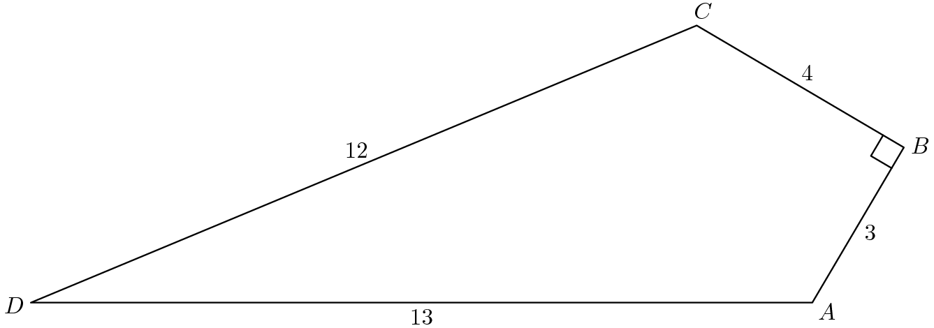 [asy] defaultpen(linewidth(0.7)+fontsize(10)); real r=degrees((12,5)), s=degrees((3,4)); pair D=origin, A=(13,0), C=D+12*dir(r), B=A+3*dir(180-(90-r+s)); draw(A--B--C--D--cycle); markscalefactor=0.05; draw(rightanglemark(A,B,C)); pair point=incenter(A,C,D); label("$A$", A, dir(point--A)); label("$B$", B, dir(point--B)); label("$C$", C, dir(point--C)); label("$D$", D, dir(point--D)); label("$3$", A--B, dir(A--B)*dir(-90)); label("$4$", B--C, dir(B--C)*dir(-90)); label("$12$", C--D, dir(C--D)*dir(-90)); label("$13$", D--A, dir(D--A)*dir(-90));[/asy]