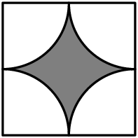 [asy]unitsize(2cm); defaultpen(linewidth(.8pt)); fill(unitsquare,gray); filldraw(Arc((0,0),.5,0,90)--(0,0)--cycle,white,black); filldraw(Arc((1,0),.5,90,180)--(1,0)--cycle,white,black); filldraw(Arc((1,1),.5,180,270)--(1,1)--cycle,white,black); filldraw(Arc((0,1),.5,270,360)--(0,1)--cycle,white,black);[/asy]
