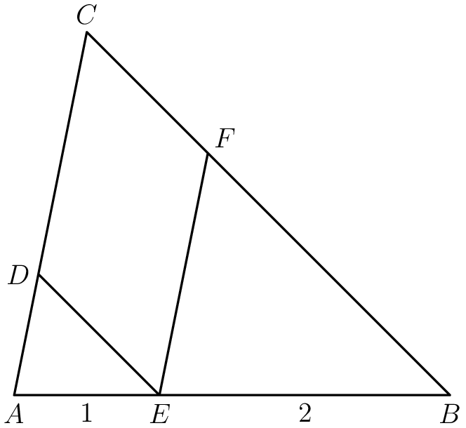 [asy] size(7cm); pair A,B,C,DD,EE,FF; A = (0,0); B = (3,0); C = (0.5,2.5); EE = (1,0); DD = intersectionpoint(A--C,EE--EE+(C-B)); FF = intersectionpoint(B--C,EE--EE+(C-A)); draw(A--B--C--A--DD--EE--FF,black+1bp); label("$A$",A,S); label("$B$",B,S); label("$C$",C,N); label("$D$",DD,W); label("$E$",EE,S); label("$F$",FF,NE); label("$1$",(A+EE)/2,S); label("$2$",(EE+B)/2,S); [/asy]