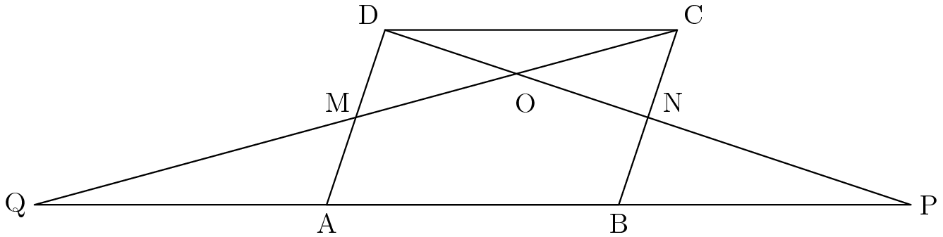 [asy] size((400)); draw((0,0)--(5,0)--(6,3)--(1,3)--cycle); draw((6,3)--(-5,0)--(10,0)--(1,3)); label("A", (0,0), S); label("B", (5,0), S); label("C", (6,3), NE); label("D", (1,3), NW); label("P", (10,0), E); label("Q", (-5,0), W); label("M", (.5,1.5), NW); label("N", (5.65, 1.5), NE); label("O", (3.4,1.75));[/asy]