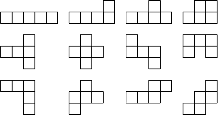 [asy] unitsize(5mm); defaultpen(linewidth(1pt)); draw(shift(2,0)*unitsquare); draw(shift(2,1)*unitsquare); draw(shift(2,2)*unitsquare); draw(shift(1,2)*unitsquare); draw(shift(0,2)*unitsquare); draw(shift(2,4)*unitsquare); draw(shift(2,5)*unitsquare); draw(shift(2,6)*unitsquare); draw(shift(1,5)*unitsquare); draw(shift(0,5)*unitsquare); draw(shift(4,8)*unitsquare); draw(shift(3,8)*unitsquare); draw(shift(2,8)*unitsquare); draw(shift(1,8)*unitsquare); draw(shift(0,8)*unitsquare); draw(shift(6,8)*unitsquare); draw(shift(7,8)*unitsquare); draw(shift(8,8)*unitsquare); draw(shift(9,8)*unitsquare); draw(shift(9,9)*unitsquare); draw(shift(6,5)*unitsquare); draw(shift(7,5)*unitsquare); draw(shift(8,5)*unitsquare); draw(shift(7,6)*unitsquare); draw(shift(7,4)*unitsquare); draw(shift(6,1)*unitsquare); draw(shift(7,1)*unitsquare); draw(shift(8,1)*unitsquare); draw(shift(6,0)*unitsquare); draw(shift(7,2)*unitsquare); draw(shift(11,8)*unitsquare); draw(shift(12,8)*unitsquare); draw(shift(13,8)*unitsquare); draw(shift(14,8)*unitsquare); draw(shift(13,9)*unitsquare); draw(shift(11,5)*unitsquare); draw(shift(12,5)*unitsquare); draw(shift(13,5)*unitsquare); draw(shift(11,6)*unitsquare); draw(shift(13,4)*unitsquare); draw(shift(11,1)*unitsquare); draw(shift(12,1)*unitsquare); draw(shift(13,1)*unitsquare); draw(shift(13,2)*unitsquare); draw(shift(14,2)*unitsquare); draw(shift(16,8)*unitsquare); draw(shift(17,8)*unitsquare); draw(shift(18,8)*unitsquare); draw(shift(17,9)*unitsquare); draw(shift(18,9)*unitsquare); draw(shift(16,5)*unitsquare); draw(shift(17,6)*unitsquare); draw(shift(18,5)*unitsquare); draw(shift(16,6)*unitsquare); draw(shift(18,6)*unitsquare); draw(shift(16,0)*unitsquare); draw(shift(17,0)*unitsquare); draw(shift(17,1)*unitsquare); draw(shift(18,1)*unitsquare); draw(shift(18,2)*unitsquare);[/asy]