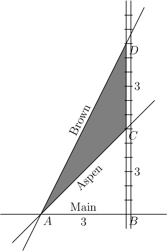 [asy] size(250); defaultpen(linewidth(0.55)); pair A=(-6,0), B=origin, C=(0,6), D=(0,12); pair ac=C+2.828*dir(45), ca=A+2.828*dir(225), ad=D+2.828*dir(A--D), da=A+2.828*dir(D--A), ab=(2.828,0), ba=(-6-2.828, 0); fill(A--C--D--cycle, gray); draw(ba--ab); draw(ac--ca); draw(ad--da); draw((0,-1)--(0,15)); draw((1/3, -1)--(1/3, 15)); int i; for(i=1; i<15; i=i+1) { draw((-1/10, i)--(13/30, i)); } label("$A$", A, SE); label("$B$", B, SE); label("$C$", C, SE); label("$D$", D, SE); label("$3$", (1/3,3), E); label("$3$", (1/3,9), E); label("$3$", (-3,0), S); label("Main", (-3,0), N); label(rotate(45)*"Aspen", A--C, SE); label(rotate(63.43494882)*"Brown", A--D, NW);[/asy]