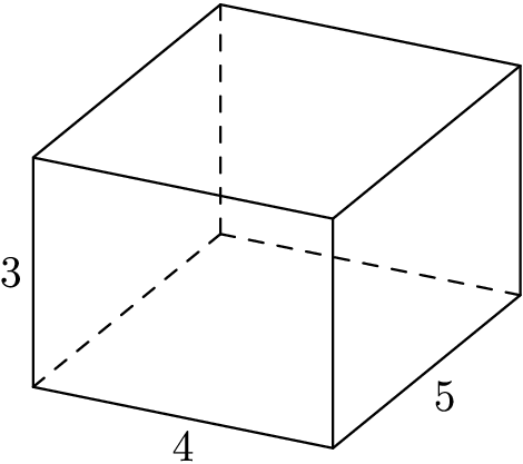 [asy]import three; size(2inch); currentprojection=orthographic(4,2,2); draw((0,0,0)--(0,0,3),dashed); draw((0,0,0)--(0,4,0),dashed); draw((0,0,0)--(5,0,0),dashed); draw((5,4,3)--(5,0,3)--(5,0,0)--(5,4,0)--(0,4,0)--(0,4,3)--(0,0,3)--(5,0,3)); draw((0,4,3)--(5,4,3)--(5,4,0)); label("3",(5,0,3)--(5,0,0),W); label("4",(5,0,0)--(5,4,0),S); label("5",(5,4,0)--(0,4,0),SE); [/asy]