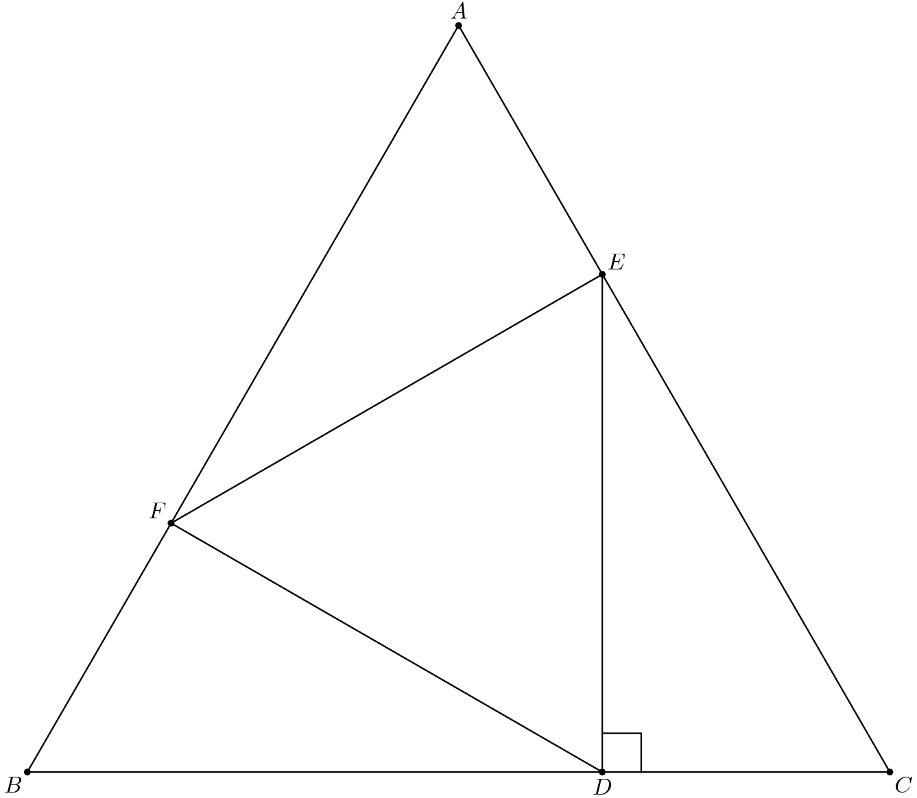 [asy] pathpen = linewidth(0.7); pointpen = black; pointfontpen = fontsize(10); pair B = (0,0), C = (1,0), A = dir(60), D = C*2/3, E = (2*A+C)/3, F = (2*B+A)/3; D(D("A",A,N)--D("B",B,SW)--D("C",C,SE)--cycle); D(D("D",D)--D("E",E,NE)--D("F",F,NW)--cycle); D(rightanglemark(C,D,E,1.5)); [/asy]