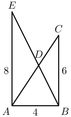[asy] unitsize(4mm); defaultpen(linewidth(.8pt)+fontsize(10pt)); pair A=(0,0), B=(4,0), C=(4,6), Ep=(0,8); pair D=extension(A,C,Ep,B); draw(A--C--B--A--Ep--B); label("$A$",A,SW); label("$B$",B,SE); label("$C$",C,N); label("$E$",Ep,N); label("$D$",D,2.5*N); label("$4$",midpoint(A--B),S); label("$6$",midpoint(B--C),E); label("$8$",(0,3),W); [/asy]