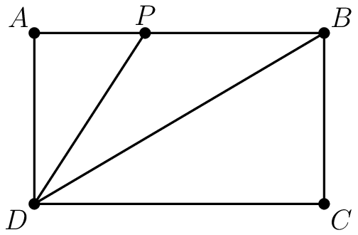 [asy] draw((0,2)--(3.4,2)--(3.4,0)--(0,0)--cycle); draw((0,0)--(1.3,2)); draw((0,0)--(3.4,2)); dot((0,0)); dot((0,2)); dot((3.4,2)); dot((3.4,0)); dot((1.3,2)); label("$A$",(0,2),NW); label("$B$",(3.4,2),NE); label("$C$",(3.4,0),SE); label("$D$",(0,0),SW); label("$P$",(1.3,2),N); [/asy]