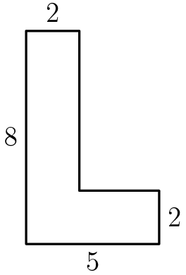 [asy] unitsize(4mm); defaultpen(linewidth(.8pt)); draw((0,0)--(5,0)--(5,2)--(2,2)--(2,8)--(0,8)--cycle); label("8",(0,4),W); label("5",(5/2,0),S); label("2",(5,1),E); label("2",(1,8),N); [/asy]