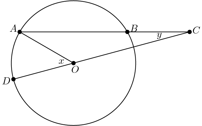 [asy] size(200);defaultpen(linewidth(0.7)+fontsize(10)); pair O=origin, D=dir(195), A=dir(150), B=dir(30), C=B+1*dir(0); draw(O--A--C--D); dot(A^^B^^C^^D^^O); pair point=O; label("$A$", A, dir(point--A)); label("$B$", B, dir(point--B)); label("$C$", C, dir(point--C)); label("$D$", D, dir(point--D)); label("$O$", O, dir(285)); label("$x$", O+0.1*dir(172.5), dir(172.5)); label("$y$", C+0.4*dir(187.5), dir(187.5)); draw(Circle(O,1));[/asy]
