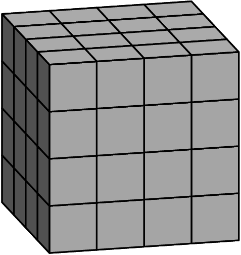 [asy] import three; currentprojection=orthographic(1.75,7,2); //++++ edit colors, names are self-explainatory ++++ //pen top=rgb(27/255, 135/255, 212/255); //pen right=rgb(254/255,245/255,182/255); //pen left=rgb(153/255,200/255,99/255); pen top = rgb(170/255, 170/255, 170/255); pen left = rgb(81/255, 81/255, 81/255); pen right = rgb(165/255, 165/255, 165/255); pen edges=black; int max_side = 4; //+++++++++++++++++++++++++++++++++++++++ path3 leftface=(1,0,0)--(1,1,0)--(1,1,1)--(1,0,1)--cycle; path3 rightface=(0,1,0)--(1,1,0)--(1,1,1)--(0,1,1)--cycle; path3 topface=(0,0,1)--(1,0,1)--(1,1,1)--(0,1,1)--cycle; for(int i=0; i<max_side; ++i){ for(int j=0; j<max_side; ++j){ draw(shift(i,j,-1)*surface(topface),top); draw(shift(i,j,-1)*topface,edges); draw(shift(i,-1,j)*surface(rightface),right); draw(shift(i,-1,j)*rightface,edges); draw(shift(-1,j,i)*surface(leftface),left); draw(shift(-1,j,i)*leftface,edges); } } picture CUBE; draw(CUBE,surface(leftface),left,nolight); draw(CUBE,surface(rightface),right,nolight); draw(CUBE,surface(topface),top,nolight); draw(CUBE,topface,edges); draw(CUBE,leftface,edges); draw(CUBE,rightface,edges); int[][] heights = {{4,4,4,4},{4,4,4,4},{4,4,4,4},{4,4,4,4}}; for (int i = 0; i < max_side; ++i) { for (int j = 0; j < max_side; ++j) { for (int k = 0; k < min(heights[i][j], max_side); ++k) { add(shift(i,j,k)*CUBE); } } } [/asy]