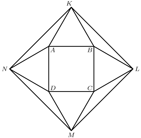 [asy] unitsize(2cm); defaultpen(fontsize(8)+linewidth(0.8)); pair A=(-0.5,0.5), B=(0.5,0.5), C=(0.5,-0.5), D=(-0.5,-0.5); pair K=(0,1.366), L=(1.366,0), M=(0,-1.366), N=(-1.366,0); draw(A--N--K--A--B--K--L--B--C--L--M--C--D--M--N--D--A); label("$A$",A,SE); label("$B$",B,SW); label("$C$",C,NW); label("$D$",D,NE); label("$K$",K,NNW); label("$L$",L,E); label("$M$",M,S); label("$N$",N,W); [/asy]