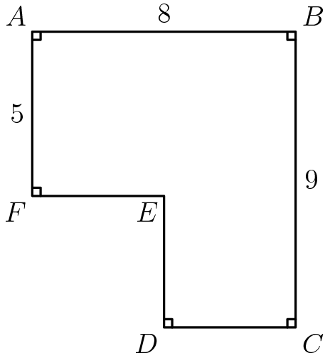 [asy]pair a=(0,9), b=(8,9), c=(8,0), d=(4,0), e=(4,4), f=(0,4); draw(a--b--c--d--e--f--cycle); draw(shift(0,-.25)*a--shift(.25,-.25)*a--shift(.25,0)*a); draw(shift(-.25,0)*b--shift(-.25,-.25)*b--shift(0,-.25)*b); draw(shift(-.25,0)*c--shift(-.25,.25)*c--shift(0,.25)*c); draw(shift(.25,0)*d--shift(.25,.25)*d--shift(0,.25)*d); draw(shift(.25,0)*f--shift(.25,.25)*f--shift(0,.25)*f); label("$A$", a, NW); label("$B$", b, NE); label("$C$", c, SE); label("$D$", d, SW); label("$E$", e, SW); label("$F$", f, SW); label("5", (0,6.5), W); label("8", (4,9), N); label("9", (8, 4.5), E);[/asy]