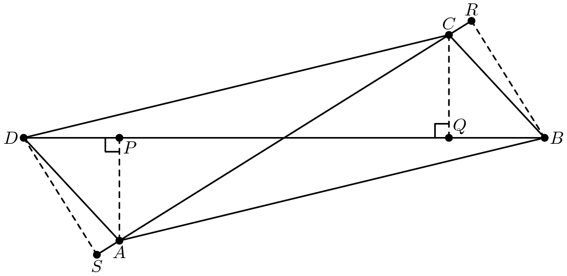 [asy] size(350); defaultpen(linewidth(0.8)+fontsize(11)); real theta = aTan(1.25/2); pair A = 2.5*dir(180+theta), B = (3.35,0), C = -A, D = -B, P = foot(A,B,D), Q = -P, R = foot(B,A,C), S = -R; draw(A--B--C--D--A^^B--D^^R--S^^rightanglemark(A,P,D,6)^^rightanglemark(C,Q,D,6)); draw(B--R^^C--Q^^A--P^^D--S,linetype("4 4")); dot("$A$",A,dir(270)); dot("$B$",B,E); dot("$C$",C,N); dot("$D$",D,W); dot("$P$",P,SE); dot("$Q$",Q,NE); dot("$R$",R,N); dot("$S$",S,dir(270)); [/asy]