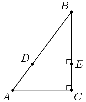 [asy] size(100); pathpen = linewidth(0.7); pointpen = black+linewidth(3); pair A = (0,0), C = (6,0), B = (6,8), D = (2*A+B)/3, E = (2*C+B)/3; D(D("A",A,SW)--D("B",B,NW)--D("C",C,SE)--cycle); D(D("D",D,NW)--D("E",E,plain.E)); D(rightanglemark(D,E,B,16)); D(rightanglemark(A,C,B,16)); [/asy]