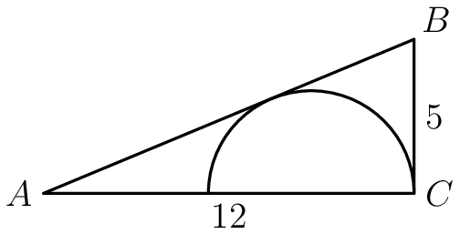 [asy] draw((0,0)--(12,0)--(12,5)--(0,0)); draw(arc((8.67,0),(12,0),(5.33,0))); label("$A$", (0,0), W); label("$C$", (12,0), E); label("$B$", (12,5), NE); label("$12$", (6, 0), S); label("$5$", (12, 2.5), E);[/asy]
