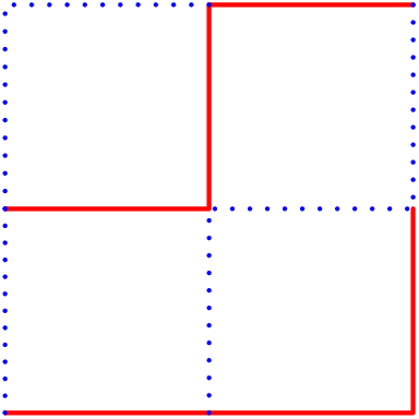 [asy] size(4cm); defaultpen(linewidth(1.2)); draw((0, 0) -- (2, 0) -- (2, 1), red); draw((0, 1) -- (1, 1) -- (1, 2) -- (2,2), red); draw((0, 0) -- (0, 1),blue+dotted); draw((1, 0) -- (1, 1) -- (2, 1) -- (2, 2),blue+dotted); draw((0, 1) -- (0, 2) -- (1, 2),blue+dotted); [/asy]