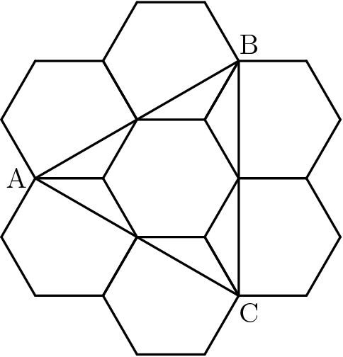 [asy] for(int i = 0; i < 6; ++i){ for(int j = 0; j < 6; ++j){ draw(sqrt(3)*dir(60*i+30)+dir(60*j)--sqrt(3)*dir(60*i+30)+dir(60*j+60)); } } draw(2*dir(60)--2*dir(180)--2*dir(300)--cycle); label("A",2*dir(180),dir(180)); label("B",2*dir(60),dir(60)); label("C",2*dir(300),dir(300)); [/asy]