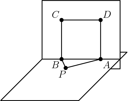 [asy] real r=sqrt(2)/2; draw(origin--(8,0)--(8,-1)--(0,-1)--cycle); draw(origin--(8,0)--(8+r, r)--(r,r)--cycle); filldraw(origin--(-6*r, -6*r)--(8-6*r, -6*r)--(8, 0)--cycle, white, black); filldraw(origin--(8,0)--(8,6)--(0,6)--cycle, white, black); pair A=(6,0), B=(2,0), C=(2,4), D=(6,4), P=B+1*dir(-65); draw(A--P--B--C--D--cycle); dot(A^^B^^C^^D^^P); label("$A$", A, dir((4,2)--A)); label("$B$", B, dir((4,2)--B)); label("$C$", C, dir((4,2)--C)); label("$D$", D, dir((4,2)--D)); label("$P$", P, dir((4,2)--P));[/asy]