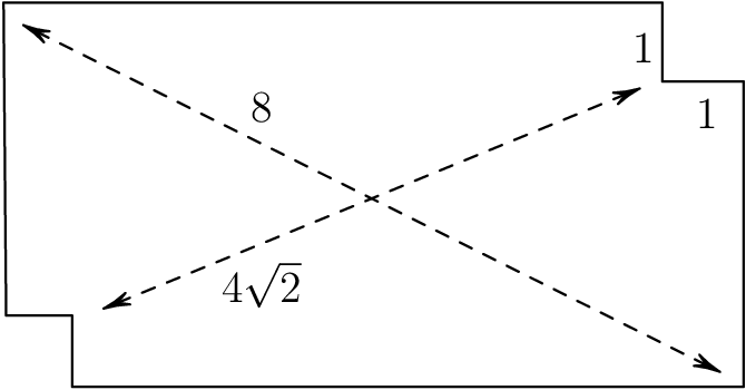 [asy] // Diagram by MRENTHUSIASM, edited by Djmathman size(200); defaultpen(linewidth(0.6)); draw((489.5,-213) -- (225.5,-213) -- (225.5,-185) -- (199.5,-185) -- (198.5,-62) -- (457.5,-62) -- (457.5,-93) -- (489.5,-93) -- cycle); draw((206.29,-70.89) -- (480.21,-207.11), linetype ("6 6"),Arrows(size=4,arrowhead=HookHead)); draw((237.85,-182.24) -- (448.65,-95.76),linetype ("6 6"),Arrows(size=4,arrowhead=HookHead)); label("$1$",(450,-80)); label("$1$",(475,-106)); label("$8$",(300,-103)); label("$4\sqrt 2$",(300,-173)); [/asy]
