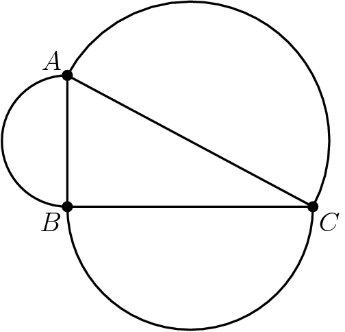 [asy] import graph; pair A,B,C; A=(0,8); B=(0,0); C=(15,0); draw((0,8)..(-4,4)..(0,0)--(0,8)); draw((0,0)..(7.5,-7.5)..(15,0)--(0,0)); real theta = aTan(8/15); draw(arc((15/2,4),17/2,-theta,180-theta)); draw((0,8)--(15,0)); dot(A); dot(B); dot(C); label("$A$", A, NW); label("$B$", B, SW); label("$C$", C, SE);[/asy]