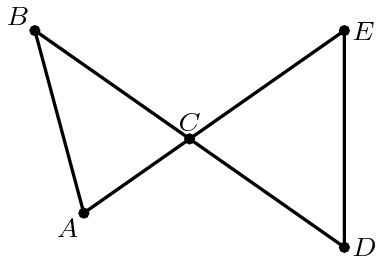 [asy] unitsize(2cm); defaultpen(linewidth(.8pt)+fontsize(8pt)); dotfactor=4; pair C=(0,0), Ep=dir(35), D=dir(-35), B=dir(145); pair A=intersectionpoints(Circle(B,1),C--(-1*Ep))[0]; pair[] ds={A,B,C,D,Ep}; dot(ds); draw(A--Ep--D--B--cycle); label("$A$",A,SW); label("$B$",B,NW); label("$C$",C,N); label("$E$",Ep,E); label("$D$",D,E); [/asy]