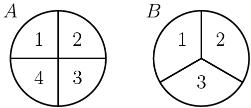 [asy] pair A=(0,0); pair B=(3,0); draw(Circle(A,1)); draw(Circle(B,1)); draw((-1,0)--(1,0)); draw((0,1)--(0,-1)); draw((3,0)--(3,1)); draw((3+sqrt(3)/2,-.5)--(3,0)); draw((3,0)--(3-sqrt(3)/2,-.5)); label("$A$",(-1,1)); label("$B$",(2,1)); label("$1$",(-.4,.4)); label("$2$",(.4,.4)); label("$3$",(.4,-.4)); label("$4$",(-.4,-.4)); label("$1$",(2.6,.4)); label("$2$",(3.4,.4)); label("$3$",(3,-.5)); [/asy]