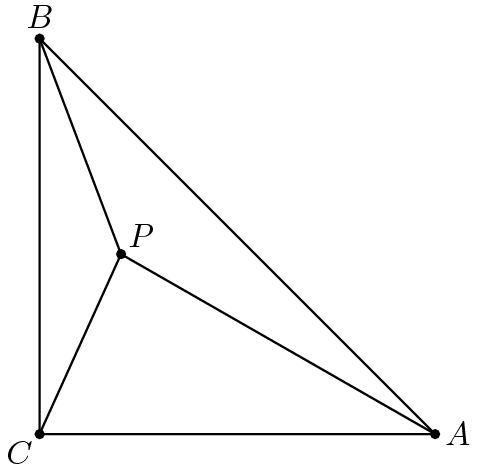 [asy] pathpen = linewidth(0.7); pointpen = black; pen f = fontsize(10); size(5cm); pair B = (0,sqrt(85+42*sqrt(2))); pair A = (B.y,0); pair C = (0,0); pair P = IP(arc(B,7,180,360),arc(C,6,0,90)); D(A--B--C--cycle); D(P--A); D(P--B); D(P--C); MP("A",D(A),plain.E,f); MP("B",D(B),plain.N,f); MP("C",D(C),plain.SW,f); MP("P",D(P),plain.NE,f); [/asy]