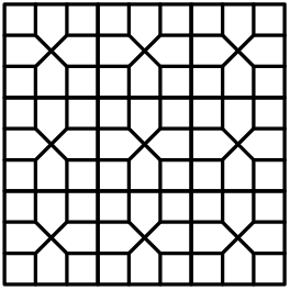[asy] unitsize(3mm); defaultpen(linewidth(0.8pt)); path p1=(0,0)--(3,0)--(3,3)--(0,3)--(0,0); path p2=(0,1)--(1,1)--(1,0); path p3=(2,0)--(2,1)--(3,1); path p4=(3,2)--(2,2)--(2,3); path p5=(1,3)--(1,2)--(0,2); path p6=(1,1)--(2,2); path p7=(2,1)--(1,2); path[] p=p1^^p2^^p3^^p4^^p5^^p6^^p7; for(int i=0; i<3; ++i) { for(int j=0; j<3; ++j) { draw(shift(3*i,3*j)*p); } } [/asy]