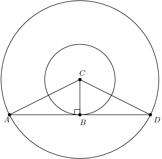 [asy] unitsize(45); import graph; size(300); real lsf = 0.5; pen dp = linewidth(0.7) + fontsize(10); defaultpen(dp); pen ds = black; pen xdxdff = rgb(0.49,0.49,1); draw((2,0.15)--(1.85,0.15)--(1.85,0)--(2,0)--cycle); draw(circle((2,1),2.24)); draw(circle((2,1),1)); draw((0,0)--(4,0)); draw((0,0)--(2,1)); draw((2,1)--(2,0)); draw((2,1)--(4,0)); dot((0,0),ds); label("$A$", (-0.19,-0.23),NE*lsf); dot((2,0),ds); label("$B$", (1.97,-0.31),NE*lsf); dot((2,1),ds); label("$C$", (1.96,1.09),NE*lsf); dot((4,0),ds); label("$D$", (4.07,-0.24),NE*lsf); clip((-3.1,-7.72)--(-3.1,4.77)--(11.74,4.77)--(11.74,-7.72)--cycle); [/asy]