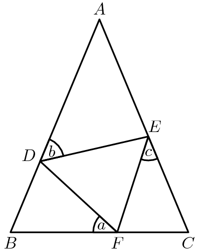 [asy] size(150); defaultpen(linewidth(0.8)+fontsize(10)); pair A=(5,12),B=origin,C=(10,0),D=(5/3,4),E=(10-5*.45,12*.45),F=(6,0); draw(A--B--C--cycle^^D--E--F--cycle); draw(anglemark(E,D,A,1,45)^^anglemark(F,E,C,1,45)^^anglemark(D,F,B,1,45)); label("$b$",(D.x+.2,D.y+.25),dir(30)); label("$c$",(E.x,E.y-.4),S); label("$a$",(F.x-.4,F.y+.1),dir(150)); label("$A$",A,N); label("$B$",B,S); label("$C$",C,S); label("$D$",D,dir(150)); label("$E$",E,dir(60)); label("$F$",F,S);[/asy]