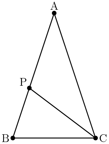 [asy] draw((0,0)--(8,0)--(4,12)--cycle); draw((8,0)--(1.6,4.8)); label("A", (4,12), N); label("B", (0,0), W); label("C", (8,0), E); label("P", (1.6,4.8), NW); dot((0,0)); dot((4,12)); dot((8,0)); dot((1.6,4.8)); [/asy]