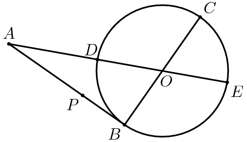 [asy] size(150); defaultpen(linewidth(0.8)+fontsize(10)); real e=350,c=55; pair O=origin,E=dir(e),C=dir(c),B=dir(180+c),D=dir(180+e), rot=rotate(90,B)*O,A=extension(E,D,B,rot); path tangent=A--B; pair P=waypoint(tangent,abs(A-D)/abs(A-B)); draw(unitcircle^^C--B--A--E); dot(A^^B^^C^^D^^E^^P,linewidth(2)); label("$O$",O,dir(290)); label("$A$",A,N); label("$B$",B,SW); label("$C$",C,NE); label("$D$",D,dir(120)); label("$E$",E,SE); label("$P$",P,SW);[/asy]