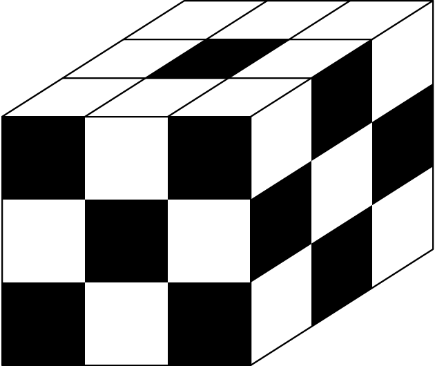 [asy] unitsize(36); draw((0,0)--(3,0)--(3,3)--(0,3)--cycle); draw((3,0)--(5.2,1.4)--(5.2,4.4)--(3,3)); draw((0,3)--(2.2,4.4)--(5.2,4.4)); fill((0,0)--(0,1)--(1,1)--(1,0)--cycle,black); fill((0,2)--(0,3)--(1,3)--(1,2)--cycle,black); fill((1,1)--(1,2)--(2,2)--(2,1)--cycle,black); fill((2,0)--(3,0)--(3,1)--(2,1)--cycle,black); fill((2,2)--(3,2)--(3,3)--(2,3)--cycle,black); draw((1,3)--(3.2,4.4)); draw((2,3)--(4.2,4.4)); draw((.733333333,3.4666666666)--(3.73333333333,3.466666666666)); draw((1.466666666,3.9333333333)--(4.466666666,3.9333333333)); fill((1.73333333,3.46666666666)--(2.7333333333,3.46666666666)--(3.46666666666,3.93333333333)--(2.46666666666,3.93333333333)--cycle,black); fill((3,1)--(3.733333333333,1.466666666666)--(3.73333333333,2.46666666666)--(3,2)--cycle,black); fill((3.73333333333,.466666666666)--(4.466666666666,.93333333333)--(4.46666666666,1.93333333333)--(3.733333333333,1.46666666666)--cycle,black); fill((3.73333333333,2.466666666666)--(4.466666666666,2.93333333333)--(4.46666666666,3.93333333333)--(3.733333333333,3.46666666666)--cycle,black); fill((4.466666666666,1.9333333333333)--(5.2,2.4)--(5.2,3.4)--(4.4666666666666,2.9333333333333)--cycle,black); [/asy]