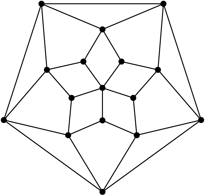 [asy] import cse5; unitsize(6mm); defaultpen(linewidth(.8pt)); dotfactor = 8; pathpen=black; pair A = (0,0); pair B = 2*dir(54), C = 2*dir(126), D = 2*dir(198), E = 2*dir(270), F = 2*dir(342); pair G = 3.6*dir(18), H = 3.6*dir(90), I = 3.6*dir(162), J = 3.6*dir(234), K = 3.6*dir(306); pair M = 6.4*dir(54), N = 6.4*dir(126), O = 6.4*dir(198), P = 6.4*dir(270), L = 6.4*dir(342); pair[] dotted = {A,B,C,D,E,F,G,H,I,J,K,L,M,N,O,P}; D(A--B--H--M); D(A--C--H--N); D(A--F--G--L); D(A--E--K--P); D(A--D--J--O); D(B--G--M); D(F--K--L); D(E--J--P); D(O--I--D); D(C--I--N); D(L--M--N--O--P--L); dot(dotted); [/asy]