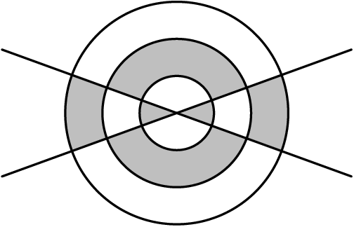 [asy] defaultpen(linewidth(0.8)); pair O=origin; fill(O--Arc(O, 2, 20, 160)--cycle, mediumgray); fill(O--Arc(O, 1, 20, 160)--cycle, white); fill(O--Arc(O, 2, 200, 340)--cycle, mediumgray); fill(O--Arc(O, 1, 200, 340)--cycle, white); fill(O--Arc(O, 3, 160, 200)--cycle, mediumgray); fill(O--Arc(O, 2, 160, 200)--cycle, white); fill(O--Arc(O, 1, 160, 200)--cycle, mediumgray); fill(O--Arc(O, 3, -20, 20)--cycle, mediumgray); fill(O--Arc(O, 2, -20, 20)--cycle, white); fill(O--Arc(O, 1, -20, 20)--cycle, mediumgray); draw(Circle(origin, 1));draw(Circle(origin, 2));draw(Circle(origin, 3)); draw(5*dir(200)--5*dir(20)^^5*dir(160)--5*dir(-20)); [/asy]