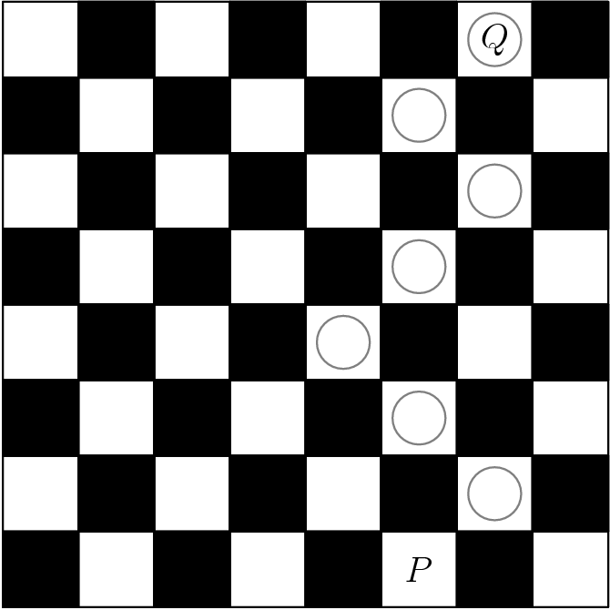 [asy] // diagram by SirCalcsALot size(200); int[] x = {6, 5, 4, 5, 6, 5, 6}; int[] y = {1, 2, 3, 4, 5, 6, 7}; int N = 7; for (int i = 0; i < 8; ++i) { for (int j = 0; j < 8; ++j) { draw((i,j)--(i+1,j)--(i+1,j+1)--(i,j+1)--(i,j)); if ((i+j) % 2 == 0) { filldraw((i,j)--(i+1,j)--(i+1,j+1)--(i,j+1)--(i,j)--cycle,black); } } } for (int i = 0; i < N; ++i) { draw(circle((x[i],y[i])+(0.5,0.5),0.35),grey); } label("$P$", (5.5, 0.5)); label("$Q$", (6.5, 7.5)); [/asy]