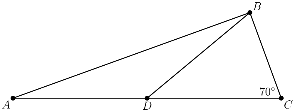 [asy] size(300); defaultpen(linewidth(0.8)); pair A=(-1,0),C=(1,0),B=dir(40),D=origin; draw(A--B--C--A); draw(D--B); dot("$A$", A, SW); dot("$B$", B, NE); dot("$C$", C, SE); dot("$D$", D, S); label("$70^\circ$",C,2*dir(180-35));[/asy]