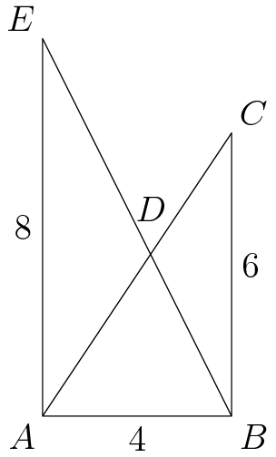[asy] size(150); defaultpen(linewidth(0.4)); //Variable Declarations pair A, B, C, D, E; //Variable Definitions A=(0, 0); B=(4, 0); C=(4, 6); E=(0, 8); D=extension(A,C,B,E); //Initial Diagram draw(A--B--C--A--E--B); label("$A$",A,SW); label("$B$",B,SE); label("$C$",C,NE); label("$D$",D,3N); label("$E$",E,NW); //Side labels label("$4$",A--B,S); label("$8$",A--E,W); label("$6$",B--C,ENE); [/asy]