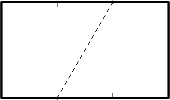 [asy] import graph; size(6cm); real L = 0.05; pair A = (0,0); pair B = (sqrt(3),0); pair C = (sqrt(3),1); pair D = (0,1); pair X1 = (sqrt(3)/3,0); pair X2= (2*sqrt(3)/3,0); pair Y1 = (2*sqrt(3)/3,1); pair Y2 = (sqrt(3)/3,1); dot(X1); dot(Y1); draw(A--B--C--D--cycle, linewidth(2)); draw(X1--Y1,dashed); draw(X2--(2*sqrt(3)/3,L)); draw(Y2--(sqrt(3)/3,1-L)); [/asy]