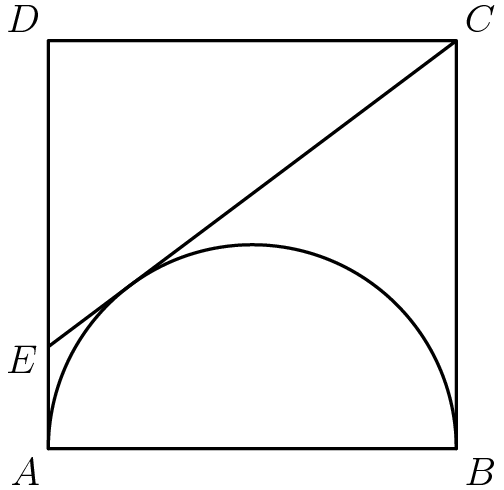 [asy] defaultpen(linewidth(0.8)); pair A=origin, B=(1,0), C=(1,1), D=(0,1), X=tangent(C, (0.5,0), 0.5, 1), F=C+2*dir(C--X), E=intersectionpoint(C--F, A--D); draw(C--D--A--B--C--E); draw(Arc((0.5,0), 0.5, 0, 180)); pair point=(0.5,0.5); label("$A$", A, dir(point--A)); label("$B$", B, dir(point--B)); label("$C$", C, dir(point--C)); label("$D$", D, dir(point--D)); label("$E$", E, dir(point--E)); [/asy]