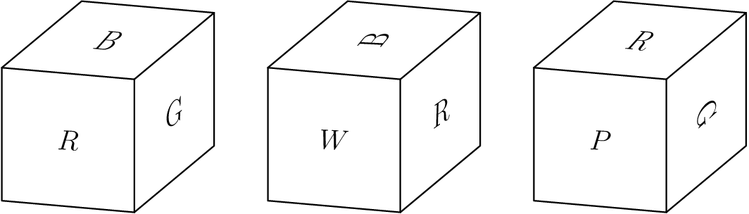 [asy] unitsize(2cm); pair x, y, z, trans; int i; x = dir(-5); y = (0.6,0.5); z = (0,1); trans = (2,0); for (i = 0; i <= 2; ++i) { draw(shift(i*trans)*((0,0)--x--(x + y)--(x + y + z)--(y + z)--z--cycle)); draw(shift(i*trans)*((x + z)--x)); draw(shift(i*trans)*((x + z)--(x + y + z))); draw(shift(i*trans)*((x + z)--z)); } label(rotate(-3)*"$R$", (x + z)/2); label(rotate(-5)*slant(0.5)*"$B$", ((x + z) + (y + z))/2); label(rotate(35)*slant(0.5)*"$G$", ((x + z) + (x + y))/2); label(rotate(-3)*"$W$", (x + z)/2 + trans); label(rotate(50)*slant(-1)*"$B$", ((x + z) + (y + z))/2 + trans); label(rotate(35)*slant(0.5)*"$R$", ((x + z) + (x + y))/2 + trans); label(rotate(-3)*"$P$", (x + z)/2 + 2*trans); label(rotate(-5)*slant(0.5)*"$R$", ((x + z) + (y + z))/2 + 2*trans); label(rotate(-85)*slant(-1)*"$G$", ((x + z) + (x + y))/2 + 2*trans); [/asy]