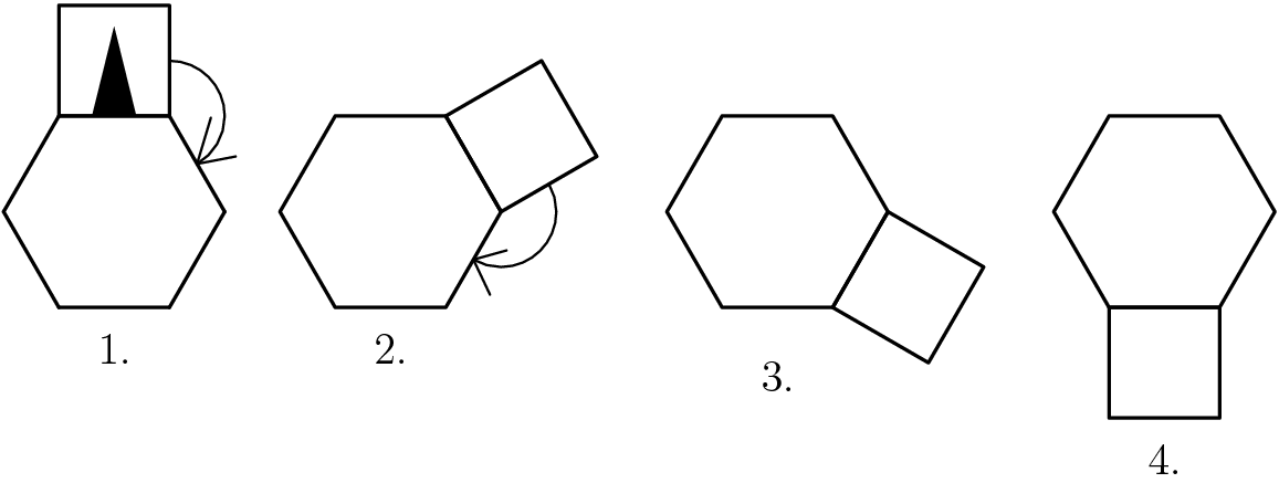 [asy] unitsize(15); for (int a=0; a<6; ++a) { draw(2*dir(60a)--2*dir(60a+60),linewidth(1)); } draw((1,1.7320508075688772935274463415059)--(1,3.7320508075688772935274463415059)--(-1,3.7320508075688772935274463415059)--(-1,1.7320508075688772935274463415059)--cycle,linewidth(1)); fill((.4,1.7320508075688772935274463415059)--(0,3.35)--(-.4,1.7320508075688772935274463415059)--cycle,black); label("1.",(0,-2),S); draw(arc((1,1.7320508075688772935274463415059),1,90,300,CW)); draw((1.5,0.86602540378443864676372317075294)--(1.75,1.7)); draw((1.5,0.86602540378443864676372317075294)--(2.2,1)); draw((7,0)--(6,1.7320508075688772935274463415059)--(4,1.7320508075688772935274463415059)--(3,0)--(4,-1.7320508075688772935274463415059)--(6,-1.7320508075688772935274463415059)--cycle,linewidth(1)); draw((7,0)--(6,1.7320508075688772935274463415059)--(7.7320508075688772935274463415059,2.7320508075688772935274463415059)--(8.7320508075688772935274463415059,1)--cycle,linewidth(1)); label("2.",(5,-2),S); draw(arc((7,0),1,30,240,CW)); draw((6.5,-0.86602540378443864676372317075294)--(7.1,-.7)); draw((6.5,-0.86602540378443864676372317075294)--(6.8,-1.5)); draw((14,0)--(13,1.7320508075688772935274463415059)--(11,1.7320508075688772935274463415059)--(10,0)--(11,-1.7320508075688772935274463415059)--(13,-1.7320508075688772935274463415059)--cycle,linewidth(1)); draw((14,0)--(13,-1.7320508075688772935274463415059)--(14.7320508075688772935274463415059,-2.7320508075688772935274463415059)--(15.7320508075688772935274463415059,-1)--cycle,linewidth(1)); label("3.",(12,-2.5),S); draw((21,0)--(20,1.7320508075688772935274463415059)--(18,1.7320508075688772935274463415059)--(17,0)--(18,-1.7320508075688772935274463415059)--(20,-1.7320508075688772935274463415059)--cycle,linewidth(1)); draw((18,-1.7320508075688772935274463415059)--(20,-1.7320508075688772935274463415059)--(20,-3.7320508075688772935274463415059)--(18,-3.7320508075688772935274463415059)--cycle,linewidth(1)); label("4.",(19,-4),S); [/asy]