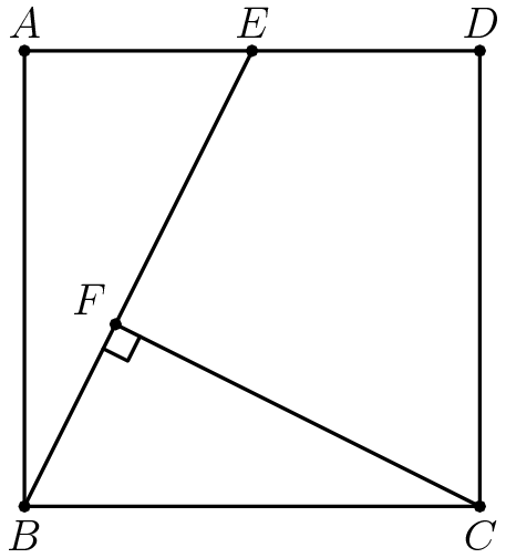 [asy] defaultpen(linewidth(.8pt)); dotfactor=4; pair A = (0,2); pair B = origin; pair C = (2,0); pair D = (2,2); pair E = midpoint(A--D); pair F = foot(C,B,E); dot(A);dot(B);dot(C);dot(D);dot(E);dot(F); label("$A$",A,N);label("$B$",B,S);label("$C$",C,S);label("$D$",D,N);label("$E$",E,N);label("$F$",F,NW); draw(A--B--C--D--cycle); draw(B--E); draw(C--F); draw(rightanglemark(B,F,C,4));[/asy]