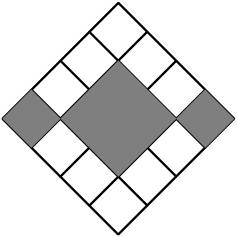 [asy] size((70)); draw((10,0)--(0,10)--(-10,0)--(0,-10)--(10,0)); draw((-2.5,-7.5)--(7.5,2.5)); draw((-5,-5)--(5,5)); draw((-7.5,-2.5)--(2.5,7.5)); draw((-7.5,2.5)--(2.5,-7.5)); draw((-5,5)--(5,-5)); draw((-2.5,7.5)--(7.5,-2.5)); fill((-10,0)--(-7.5,2.5)--(-5,0)--(-7.5,-2.5)--cycle, gray); fill((-5,0)--(0,5)--(5,0)--(0,-5)--cycle, gray); fill((5,0)--(7.5,2.5)--(10,0)--(7.5,-2.5)--cycle, gray); [/asy]