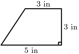 [asy] size(80);defaultpen(linewidth(0.8));defaultpen(fontsize(8)); draw(origin--(5,0)--(5,3)--(2,3)--cycle); draw(rightanglemark((5,3), (5,0), origin)); label("5 in", (2.5,0), S); label("3 in", (5,1.5), E); label("3 in", (3.5,3), N); [/asy]