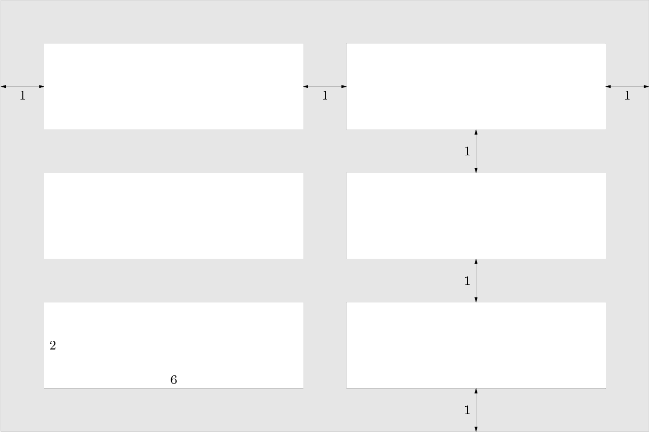 [asy] draw((0,0)--(0,10)--(15,10)--(15,0)--cycle); fill((0,0)--(0,10)--(15,10)--(15,0)--cycle, lightgray); draw((1,1)--(1,3)--(7,3)--(7,1)--cycle); fill((1,1)--(1,3)--(7,3)--(7,1)--cycle, white); draw((1,4)--(1,6)--(7,6)--(7,4)--cycle); fill((1,4)--(1,6)--(7,6)--(7,4)--cycle, white); draw((1,7)--(1,9)--(7,9)--(7,7)--cycle); fill((1,7)--(1,9)--(7,9)--(7,7)--cycle, white); draw((8,1)--(8,3)--(14,3)--(14,1)--cycle); fill((8,1)--(8,3)--(14,3)--(14,1)--cycle, white); draw((8,4)--(8,6)--(14,6)--(14,4)--cycle); fill((8,4)--(8,6)--(14,6)--(14,4)--cycle, white); draw((8,7)--(8,9)--(14,9)--(14,7)--cycle); fill((8,7)--(8,9)--(14,9)--(14,7)--cycle, white); defaultpen(fontsize(8, lineskip=1)); label("2", (1.2, 2)); label("6", (4, 1.2)); defaultpen(linewidth(.2)); draw((0,8)--(1,8), arrow=Arrows); draw((7,8)--(8,8), arrow=Arrows); draw((14,8)--(15,8), arrow=Arrows); draw((11,0)--(11,1), arrow=Arrows); draw((11,3)--(11,4), arrow=Arrows); draw((11,6)--(11,7), arrow=Arrows); label("1", (.5,7.8)); label("1", (7.5,7.8)); label("1", (14.5,7.8)); label("1", (10.8,.5)); label("1", (10.8,3.5)); label("1", (10.8,6.5)); [/asy]