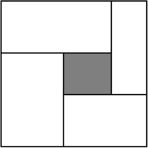 [asy] size(150); currentpen = black+1.25bp; fill((3,2.5)--(3,4.5)--(5.3,4.5)--(5.3,2.5)--cycle,gray); draw((0,0)--(7,0)--(7,7)--(0,7)--(0,0)); draw((3,0)--(3,4.5)); draw((0,4.5)--(5.3,4.5)); draw((5.3,7)--(5.3,2.5)); draw((7,2.5)--(3,2.5)); [/asy]