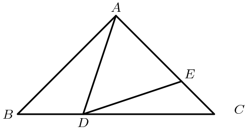 [asy] unitsize(20); defaultpen(linewidth(.8pt)+fontsize(8pt)); pair A=(3,3),B=(0,0),C=(6,0),D=(2,0),E=(5,1); draw(A--B--C--cycle); draw(A--D--E); label("$A$",A,N); label("$B$",B,W); label("$C$",C,E); label("$D$",D,S); label("$E$",E,NE);[/asy]