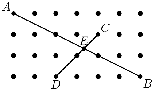 [asy] path seg1, seg2; seg1=(6,0)--(0,3); seg2=(2,0)--(4,2); dot((0,0)); dot((1,0)); fill(circle((2,0),0.1),black); dot((3,0)); dot((4,0)); dot((5,0)); fill(circle((6,0),0.1),black); dot((0,1)); dot((1,1)); dot((2,1)); dot((3,1)); dot((4,1)); dot((5,1)); dot((6,1)); dot((0,2)); dot((1,2)); dot((2,2)); dot((3,2)); fill(circle((4,2),0.1),black); dot((5,2)); dot((6,2)); fill(circle((0,3),0.1),black); dot((1,3)); dot((2,3)); dot((3,3)); dot((4,3)); dot((5,3)); dot((6,3)); draw(seg1); draw(seg2); pair [] x=intersectionpoints(seg1,seg2); fill(circle(x[0],0.1),black); label("$A$",(0,3),NW); label("$B$",(6,0),SE); label("$C$",(4,2),NE); label("$D$",(2,0),S); label("$E$",x[0],N); [/asy]