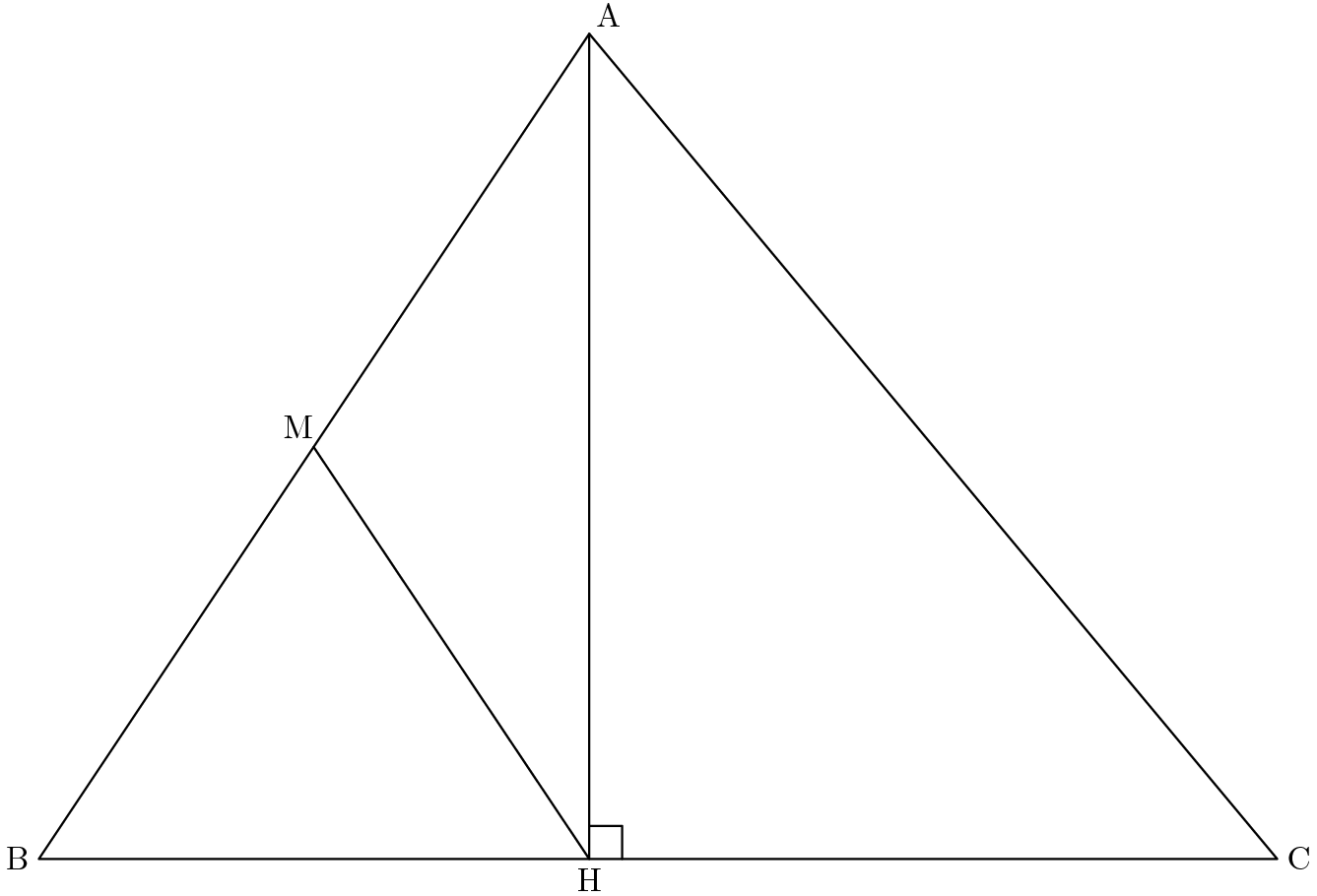 [asy] defaultpen(linewidth(0.7)+fontsize(10)); pair H=origin, A=(0,6), B=(-4,0), C=(5,0), M=B+3.6*dir(B--A); draw(B--C--A--B^^M--H--A^^rightanglemark(A,H,C)); label("A", A, NE); label("B", B, W); label("C", C, E); label("H", H, S); label("M", M, dir(M)); [/asy]